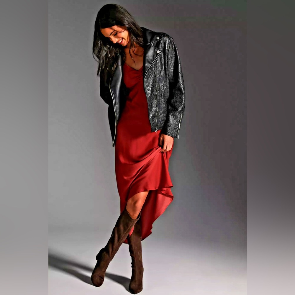 ANTHROPOLOGIE eyelet embroidery faux leather motto jacket